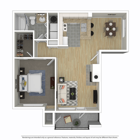 a floor plan of a furnished one bedroom apartment